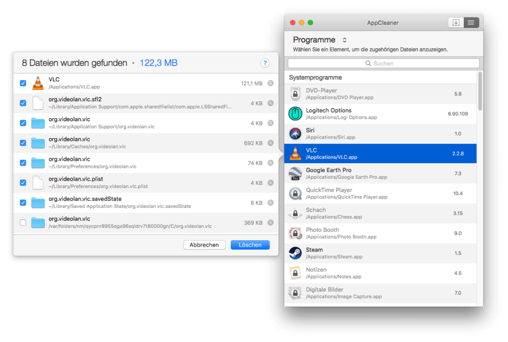 Auch AppCleaner zeigt die potenztiellen Löschkandidaten direkt an und lässt eine Auswahl zu.