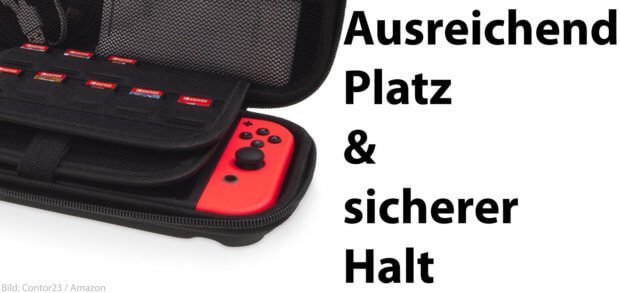 Die Nintendo Switch Hülle bietet viel Platz und dennoch sicheren Halt für Konsole, Joy Con Controller, Kabel und bis zu 20 Games. Ihr könnt ihr sie auch im Set mit einer Display-Schutzfolie kaufen.