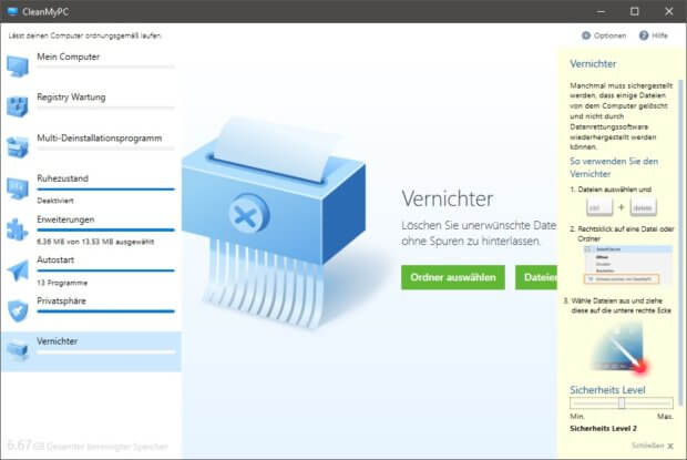 Der Vernichter kann auch direkt im Explorer genutzt werden - wie, das zeigt das Programm in einer Info-Spalte. Zudem könnt ihr in diesem Tab von CleanMyPC die Anzahl der Überschreibungen einstellen.