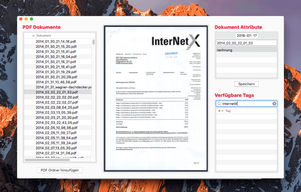 Der Hauptscreen von PDF Archiver zeigt auf einen Blick die Dateien links, das aktuelle Dokument in der Mitte und rechts die Tag-Verwaltung und Informationen wie Datum und Kurzbeschreibung des PDFs.