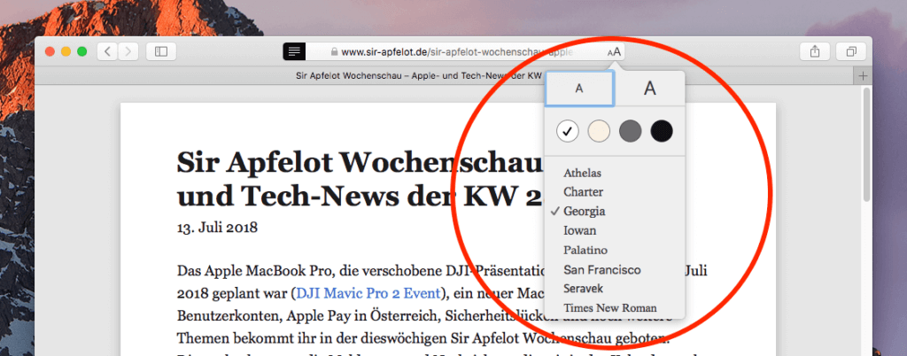 Schriftmenü im Reader-Modus von Safari.