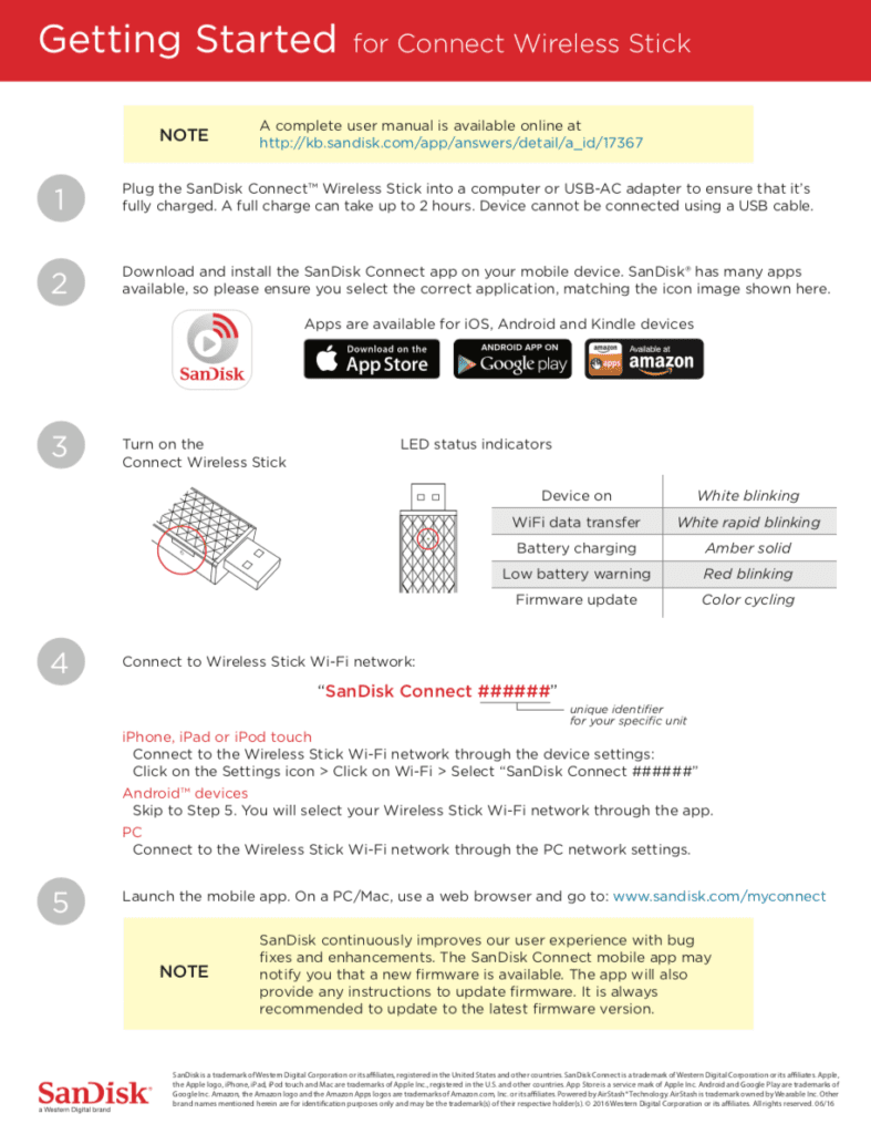 Schnellstart-Kurzanleitung für den SanDisk Connect Wireless Stick – Screenshot aus dem PDF (Quelle: sandisk.com).