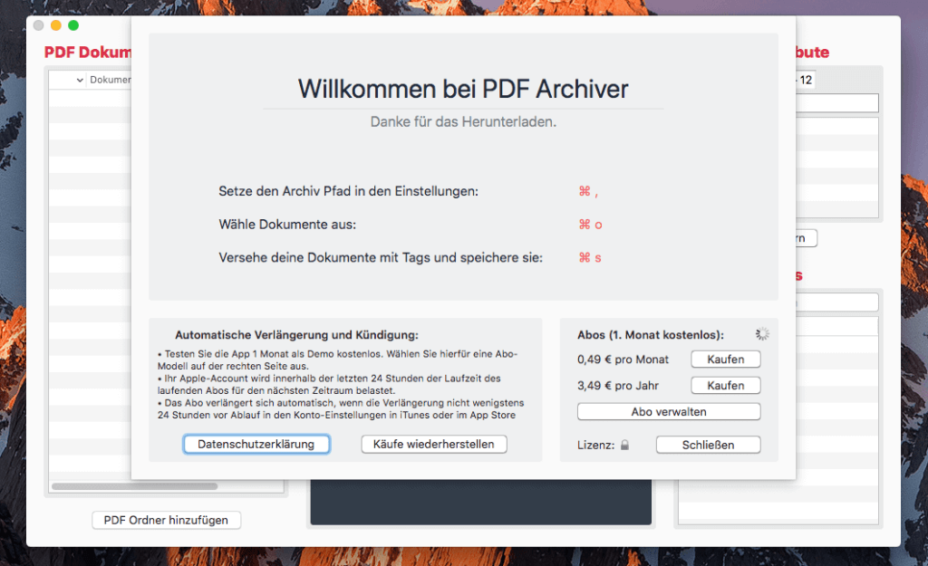 Nach dem Start von PDF Archiver muss man sich für eine Abo-Option entscheiden. Berechnet wird der Betrag aber erst nach der Testphase von einem Monat.