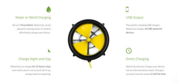 Die WaterLily Turbine ist ein Outdoor-Ladegerät mit 5V und max. 15W für Smartphone, GPS, Kamera und Co. Antrieb über Wind, Wasser und Kurbel möglich.