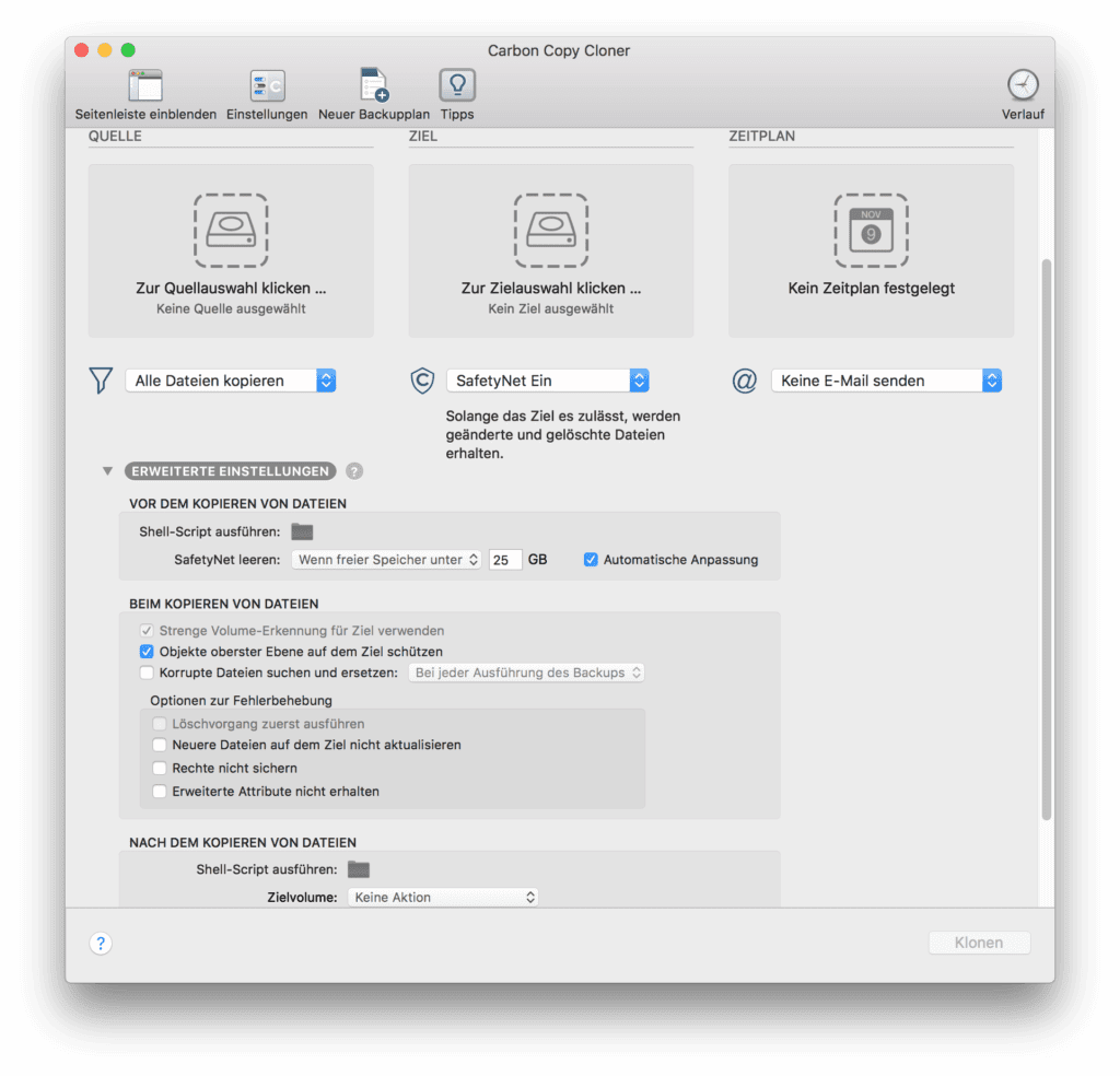Carbon Copy Cloner Einstellungen