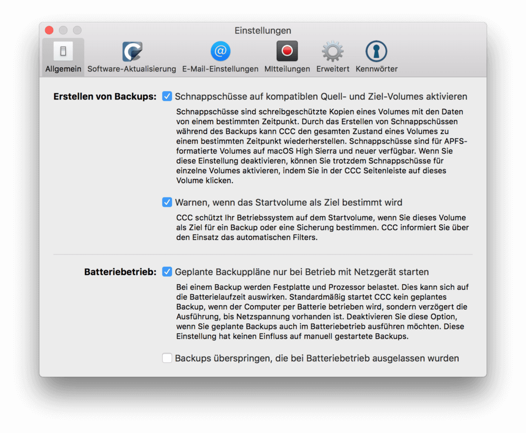 Vorgaben für regelmässige Backups mit CCC