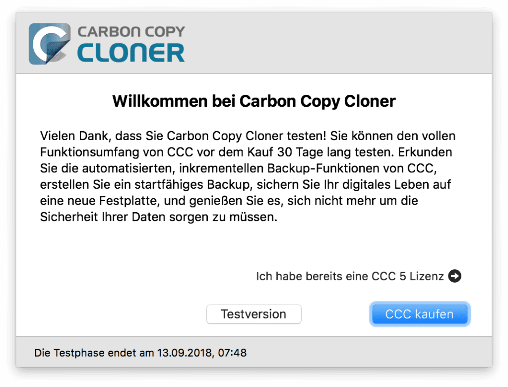 30 Tage Testversionvon Carbon Copy Cloner