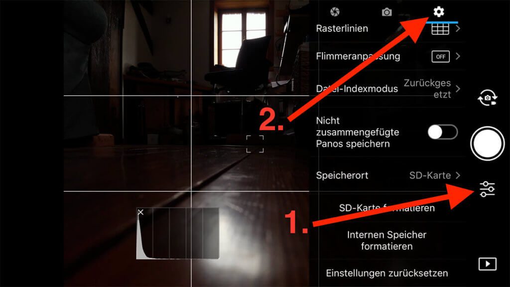 In der DJI GO 4 App, klickt man erst rechts auf die Einstellungen, dann oben auf das Zahnrad.