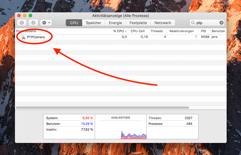 Ihr stellt eine hohe CPU-Auslastung durch den Prozess PTPCamera am Mac fest? Ein Beenden von PTPCamera bringt nichts? Dann findet ihr hier eine Anleitung gegen die hohe Prozessor-Last durch den Kamera-Befehl.