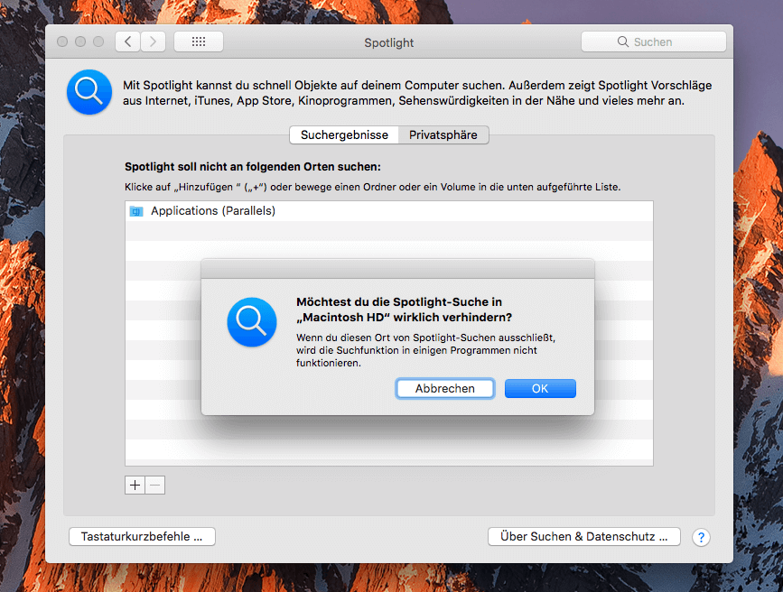 Wenn der mdworker-Prozess den Mac CPU ausbremst, dann könnt ihr in den macOS-Systemeinstellungen des Spotlight-Index neu erstellen.