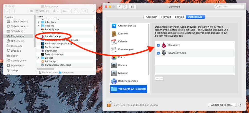 Im letzten Schritt, öffnen wir uns ein Finder-Fenster mit dem Ordner "Programme" und ziehen daraus das Programm-Symbol "Backblaze" auf das Fenster mit den Programmen, die bereits Vollzugriff auf die Fesplatte haben.