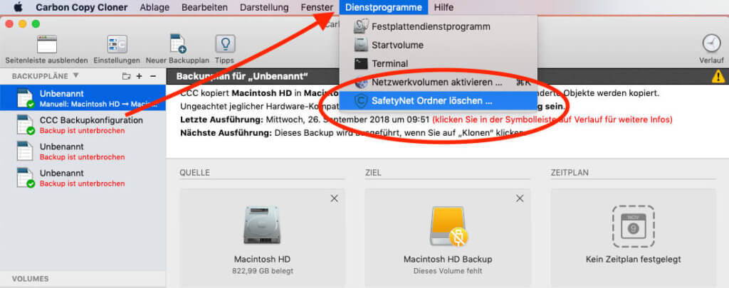 Wenn man Carbon Copy Cloner geöffnet hat, wählt man unter dem Menüpunkt "Dienstprogramme" den Menüpunkt "SafetyNet Ordner löschen".