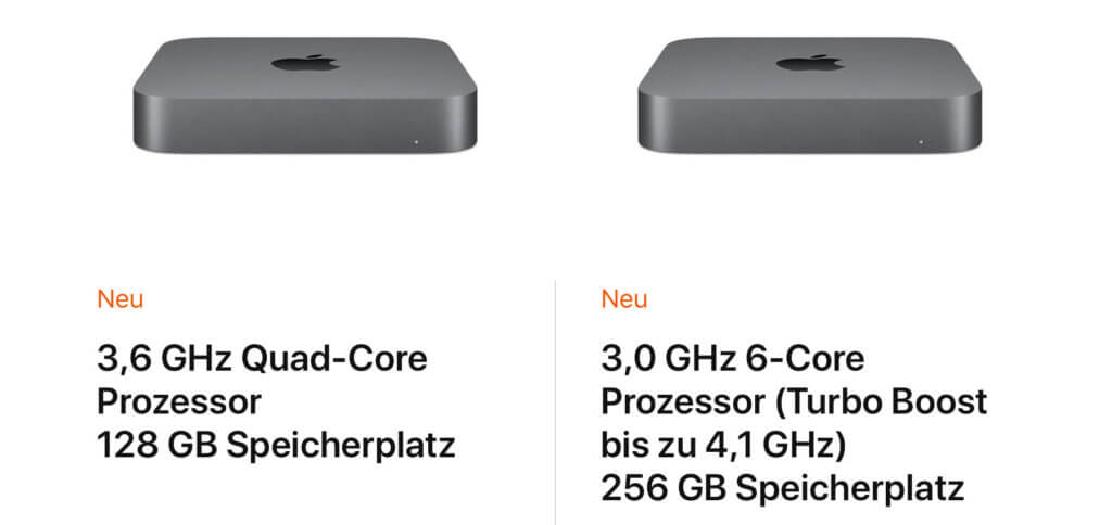 Die beiden Auswahlmöglichkeiten des Mac Mini im Apple Store. Konfigurationen sind nach der Auswahl eines Modells möglich.