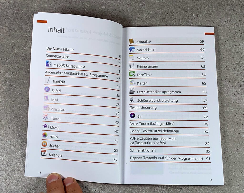 Das Inhaltsverzeichnis des Buches zeigt schon, dass es hier nicht nur um Tastenkombinationen für macOS und den Finder geht. Aus dem Grund hat das Buch auch fast 100 Seiten Inhalt.