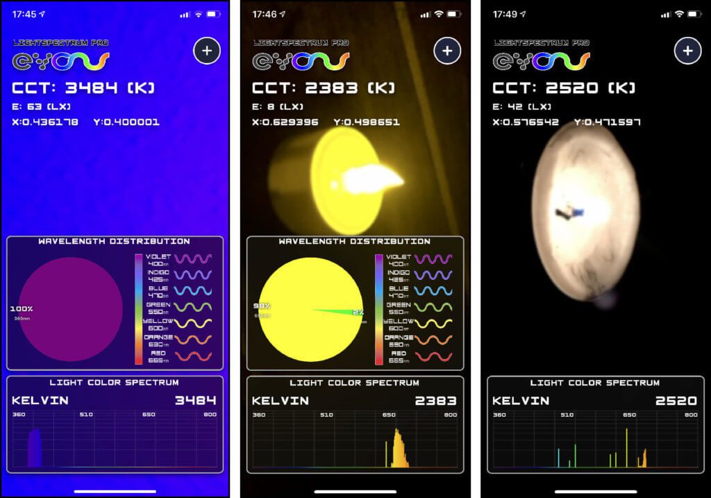 In diesen Screenshots seht ihr die Auswertung der UV-Lampe (Schwarzlicht), des elektrischen Teelichts und des echten Teelichts.