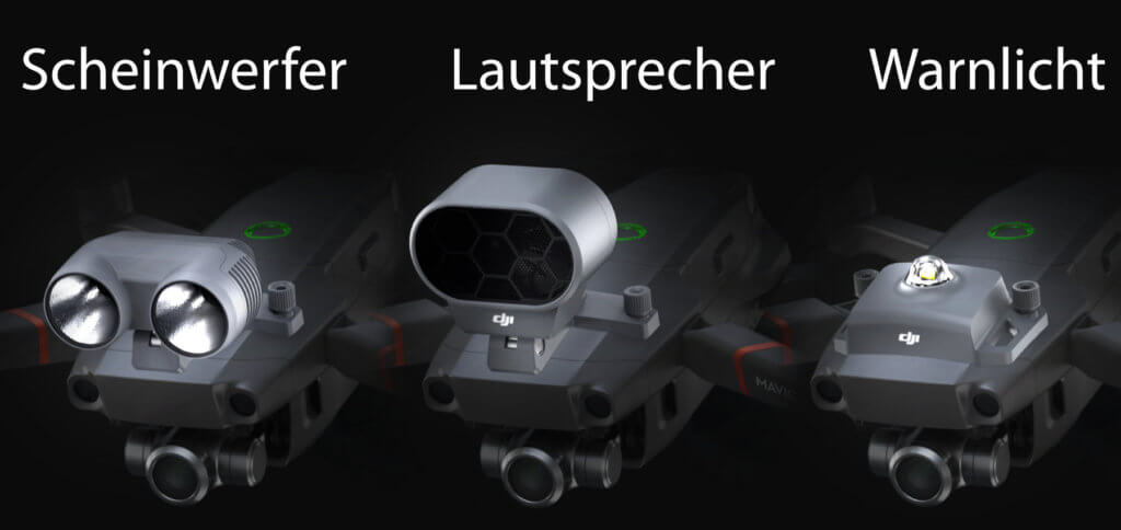 Das DJI Mavic 2 Enterprise Zubehör umfasst einen M2E Scheinwerfer, einen M2E Lautsprecher und ein M2E Kollisionswarnlicht. Bilderquelle: DJI