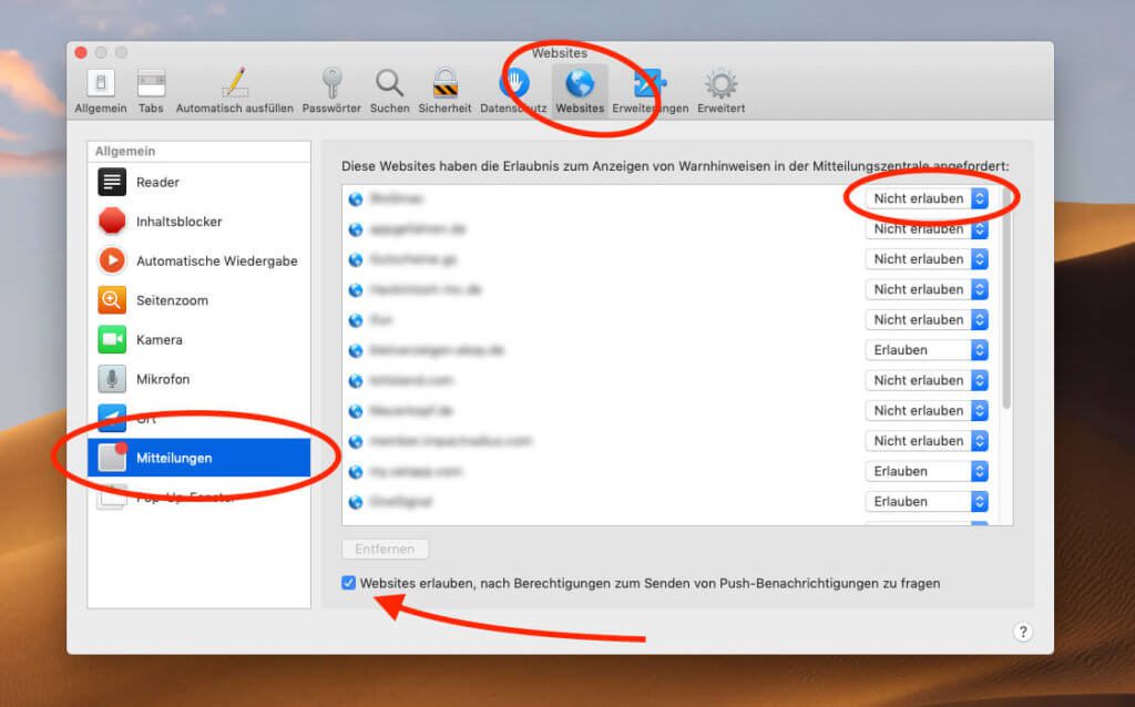Die Einstellungen für Push-Nachrichten in Safari findet man unter dem Reiter Websites und Mitteilungen. Entfernt man das Häckchen unten im Screenshot, kann man sicher sein, dass man auch in Zukunft nicht mehr mit der Frage nach der Erlaubnis für Push-Nachrichten belästigt wird.