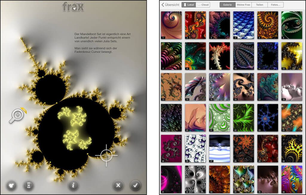 Link ist der Bereich "Formen" zu sehen, in dem man das Mandelbrot-Set im Detail erkunden kann. Rechts ist ein Ausschnitt des Bereichs "Galarie" zu sehen, der fast 200 Presets umfaßt, mit denen man seine persönliche Fraktal-Reise starten kann.