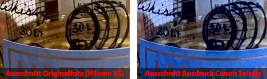 Vergleich der Details im Originalfoto und im Ausdruck – man sieht kaum einen Verlust des Detailreichtums, da die Auflösung des Druckers so hoch ist. Bitte die Farbenveränderungen ausser Acht lassen, da ich das Foto wieder mit dem iPhone bei Kunstlicht abgeknipst habe – da kann der Drucker nichts für. 