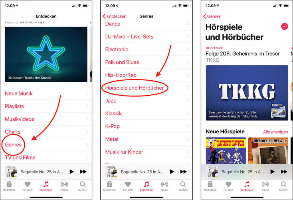 Am iPhone und iPad ist die Navidation quasi genauso wie bei iTunes am Mac. Auch hier geht man über Entdecken und Genres, um zu den Hörspielen und -büchern zu gelangen.