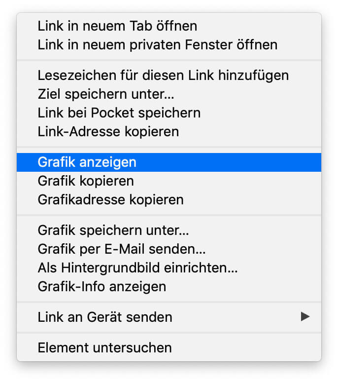 Mit Grafik anzeigen ruft ihr das Suchergebnis in originaler Auflösung im Firefox Browser auf - allerdings im gleichen Tab weshalb die Suchseite und deren Ergebnisse verschwinden.