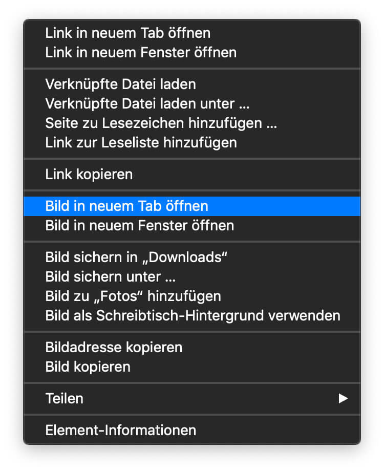 Im Safari-Browser unter macOS könnt ihr die Vorschau eines Bildes bei Google rechtsklicken und dann im Original anzeigen lassen.