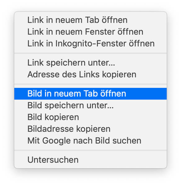 Im Chrome Webbrowser funktioniert die Anzeige von Google Bildergebnissen in der Originalauflösung mit dem gleichen Vorgehen: Rechtsklick -> Bild in neuem Tab öffnen.