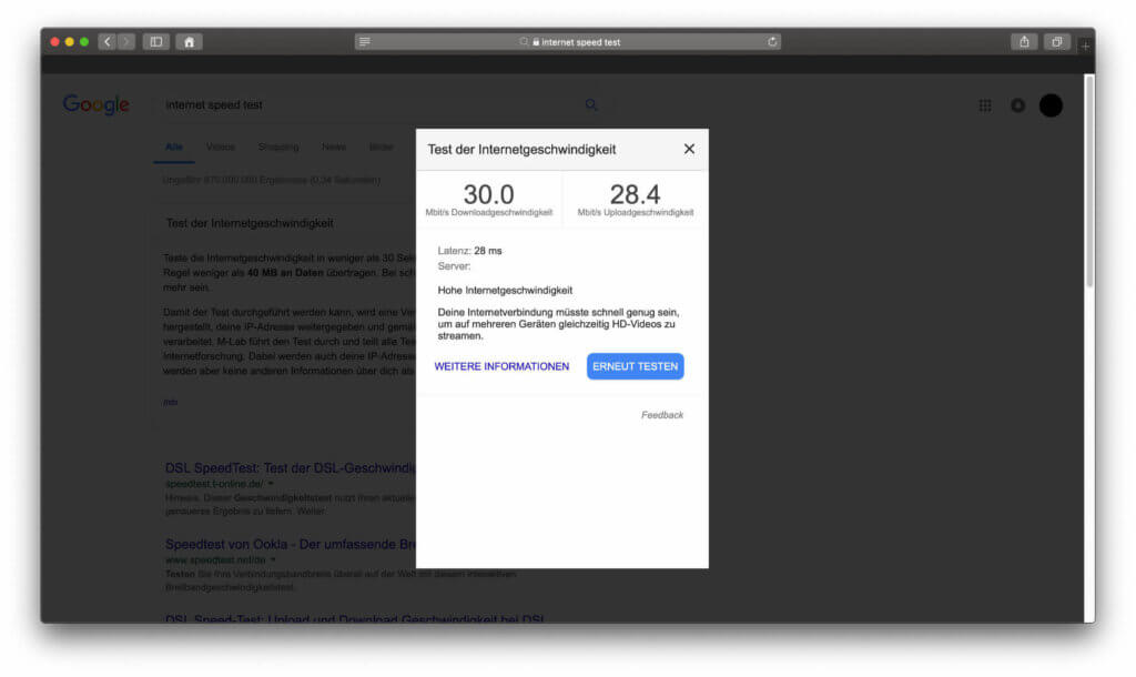 Der Internet Speed Test verrät euch unter anderem, ob eure Verbindung für Upload und Download bestimmter Inhalte ausreicht.