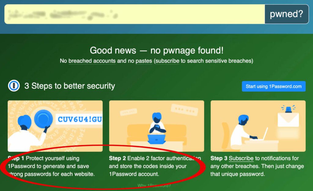 Beim Überprüfen auf HaveIBeenPwned, einem Angebot von Troy Hunt, wird direkte Werbung für 1Password gemacht.