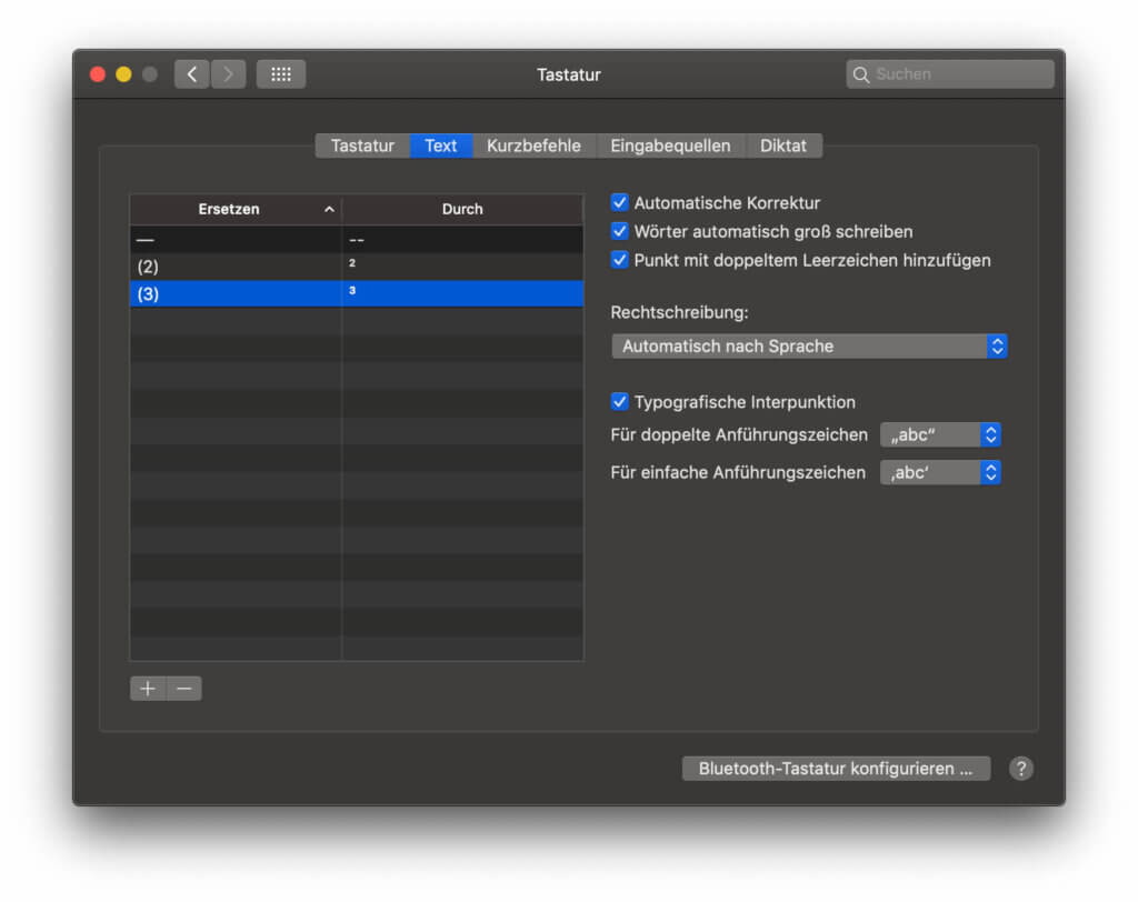 In den macOS-Systemeinstellungen könnt ihr einstellen, welche Zeichenfolgen durch welche Alternative ersetzt werden soll.