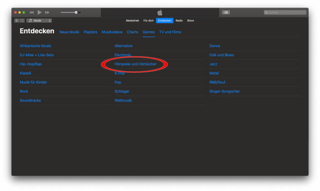 Jetzt wählt ihr aus der Genre-Übersicht den Punkt „Hörspiele und Hörbücher“ aus.