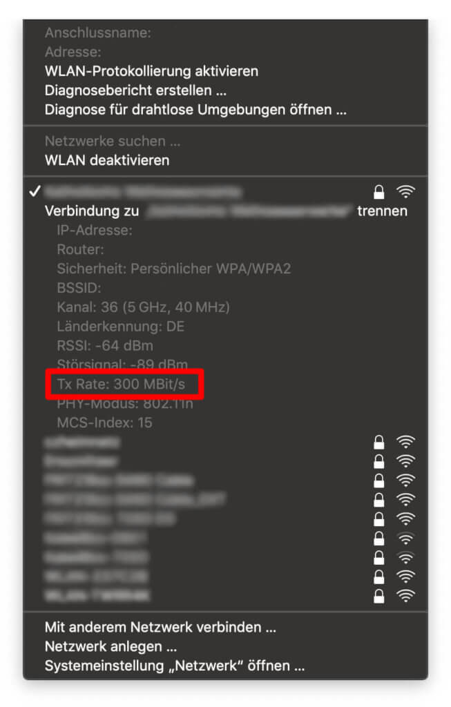 Die Tx Rate verrät euch die aktuelle Geschwindigkeit des Austauschs von Router und Mac in MBit/s.