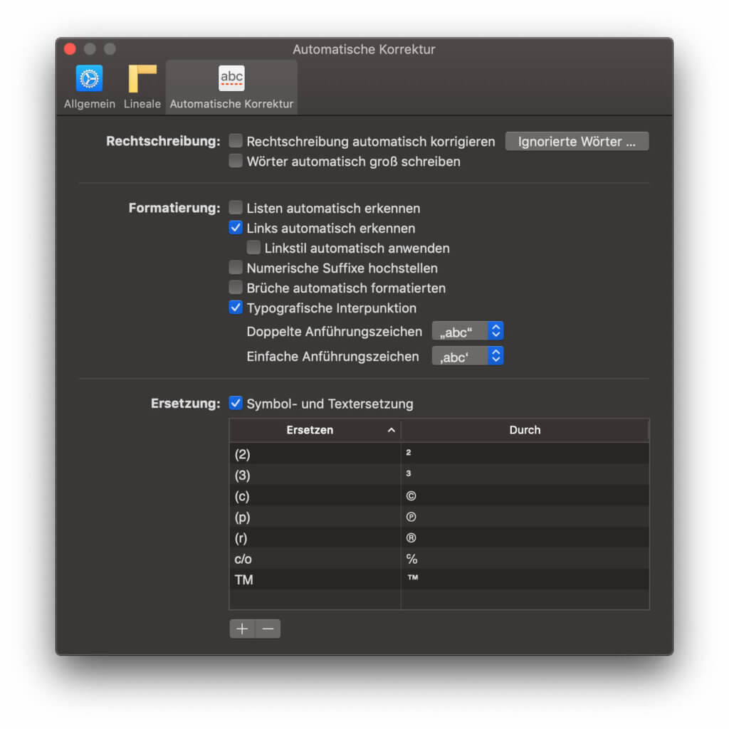 So sehen die individuellen Einstellungen zur automatischen Korrektur in der Apple-eigenen Textverarbeitung aus.
