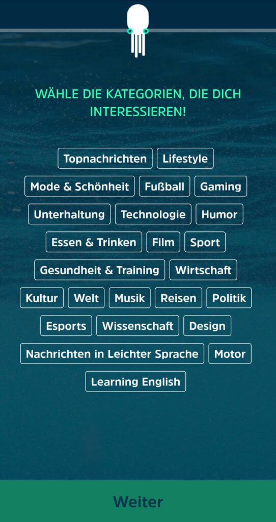 Die SQUID App startet mit der Auswahl der Themenbereiche, zu denen ihr Nachrichten angezeigt bekommen wollt. Später könnt ihr die Auswahl anpassen und verfeinern. SQUID App Test 1