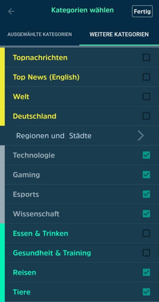 Hier könnt ihr noch viele weitere Kategorien und Themengebiete für euren individuellen News-Feed aussuchen. SQUID App Test 3