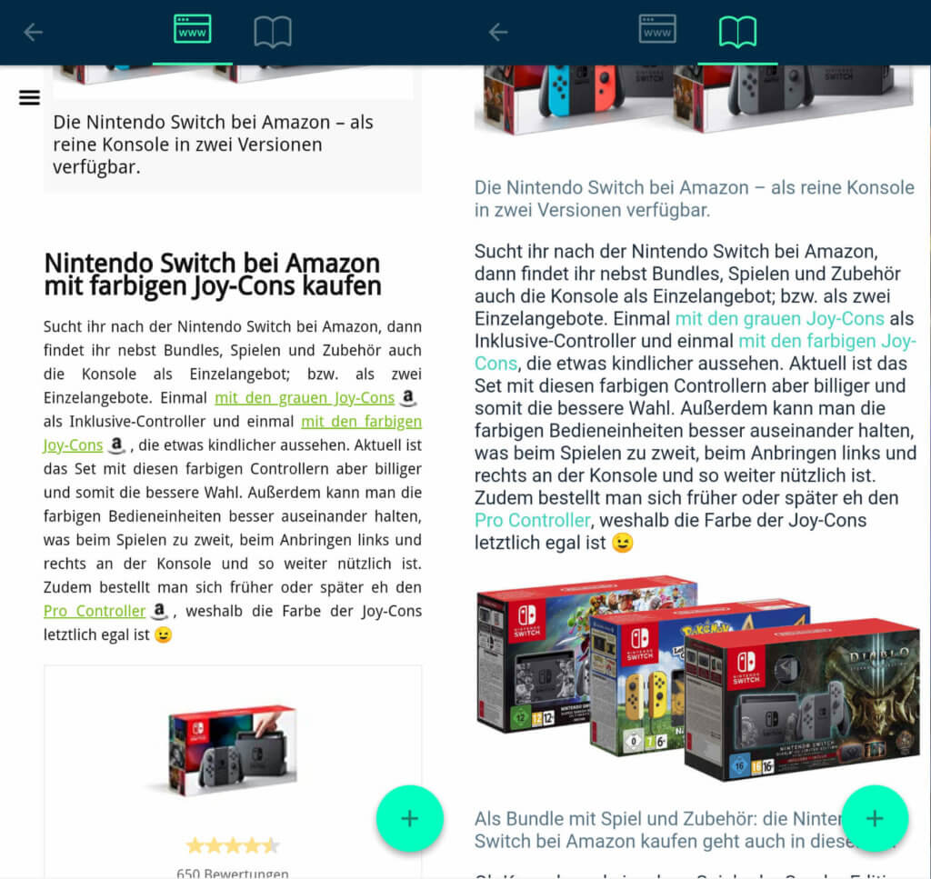 Im WWW-Modus wird die originale Formatierung angezeigt, im Lesemodus hingegen werden einzelne Darstellungsoptionen vereinheitlicht oder Inhalte komplett herausgenommen. SQUID App Erfahrungen