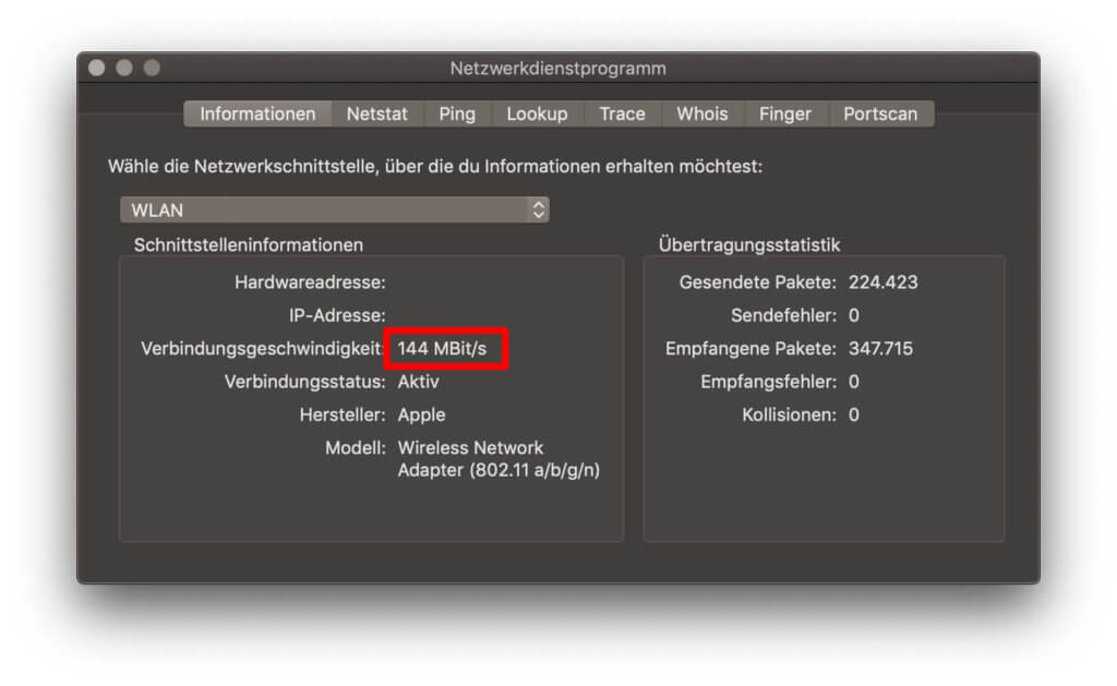 Im Netzwerkdienstprogramm seht ihr viele weitere Angaben und findet weitere Web-Funktionen von macOS. Hier lässt sich auch die Verbindungsgeschwindigkeit ablesen.