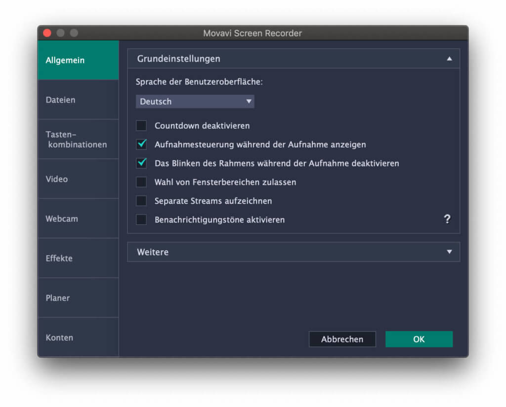 Allgemeine Einstellungen in der Movavi Screen Recorder 10 App.