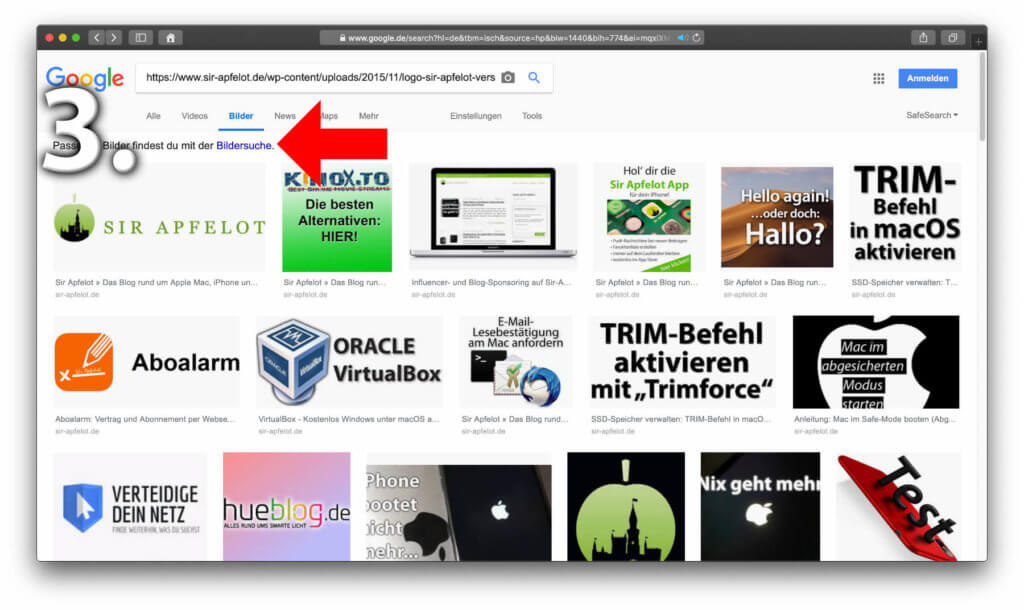 Google Bildersuche rückwärts - Nach dem Klick auf die Lupe zeigt euch die Suchmaschine ähnliche Grafiken bzw. Bilder von der gleichen Website an.