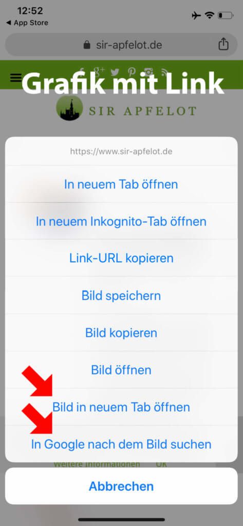 In der Chrome App sieht das schon ganz anders aus. Hier gibt es einen Menüpunkt, der direkt zur Rückwärts-Bildersuche von Google führt.