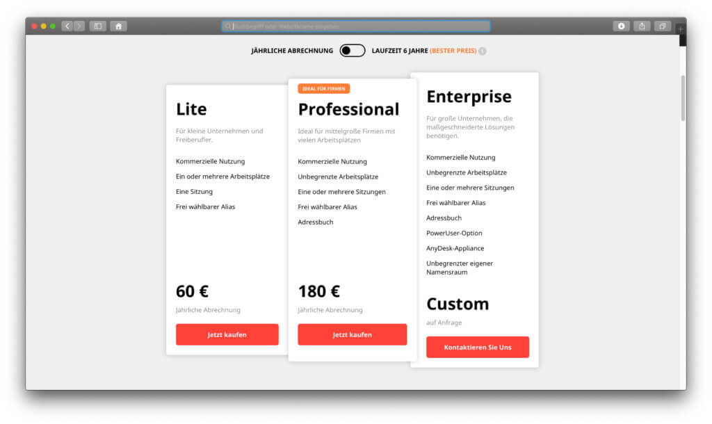 Die Preise und Abo-Modelle der AnyDesk-Kaufversion für Unternehmer und Unternehmen.