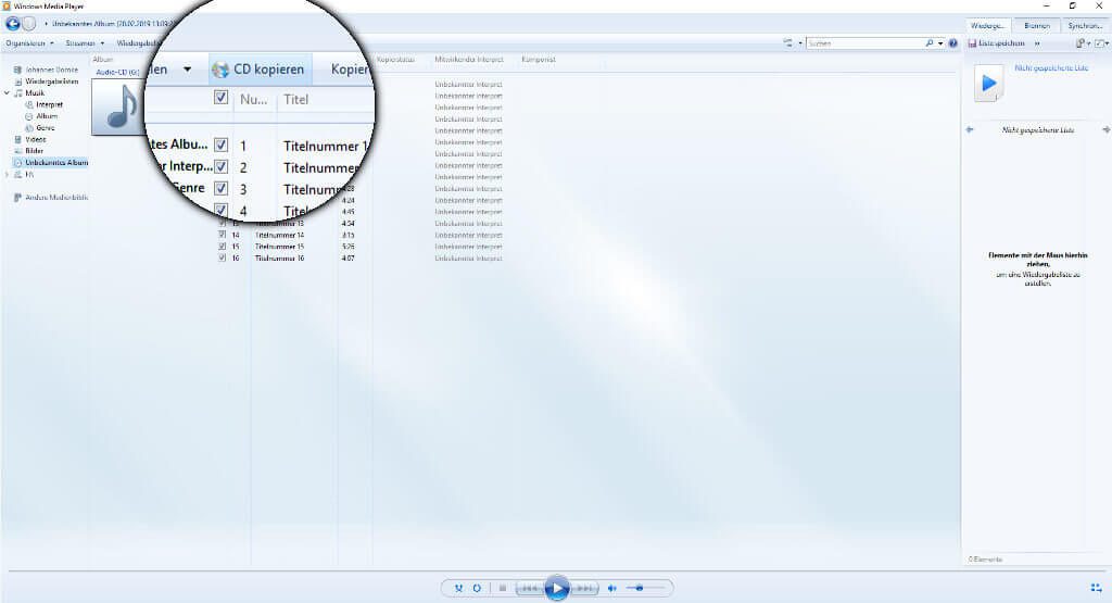 Klickt auf CD kopieren und schon wird das Album auf die Festplatte gebracht.