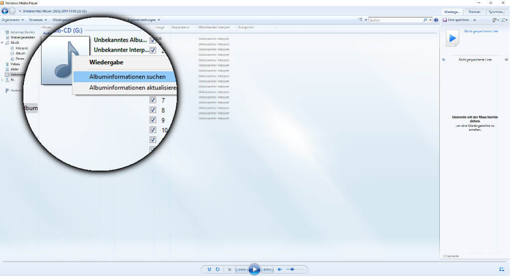Mit einem Rechtsklick auf das fehlende Album-Art könnt ihr nach Informationen zur CD suchen.