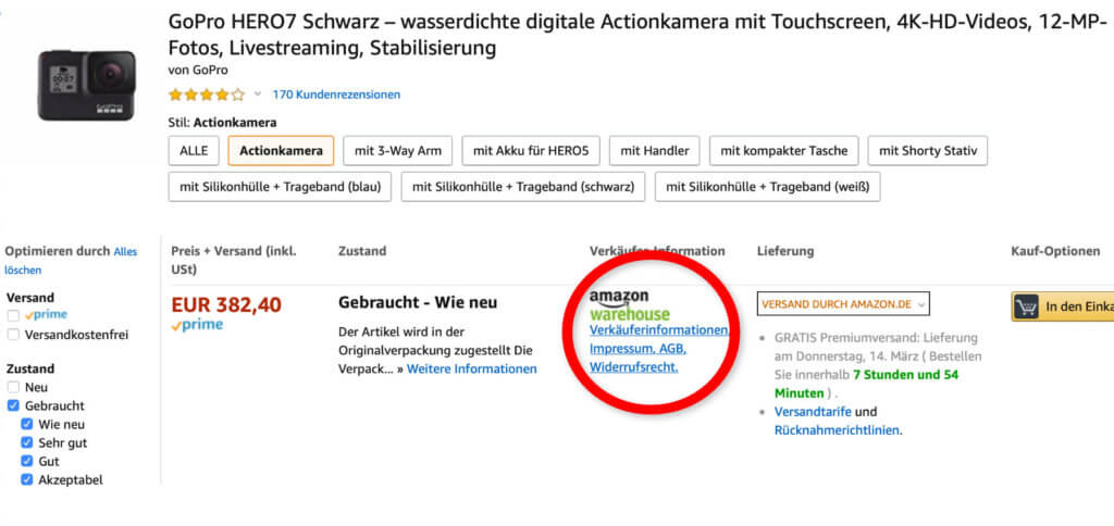 Auch in den Gebraucht-Angeboten taucht das Warehouse auf. Zudem könnt ihr direkt nach Gebraucht- und Refurbished-Deals suchen.