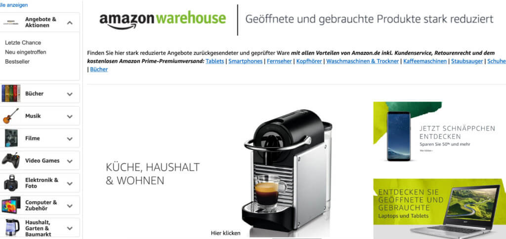 In den Amazon Warehouse Deals findet ihr B-Ware und 2. Wahl Schnäppchen aus allen Kategorien.