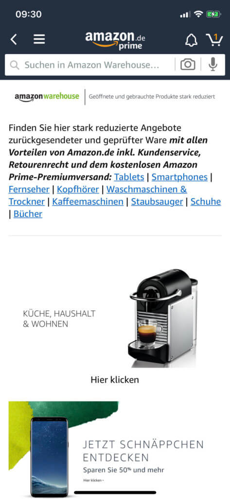 Auch in der Amazon App auf dem Apple iPhone findet ihr Warehouse-Angebote.