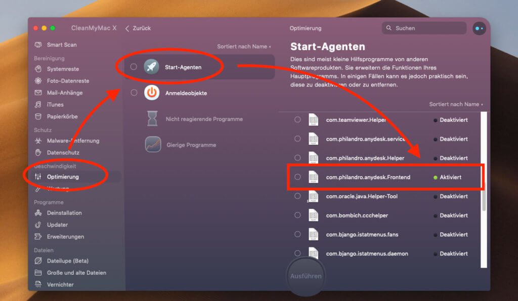 Über die Software CleanMyMac X lassen sich Start-Agenten ganz einfach per Klick deaktivieren.