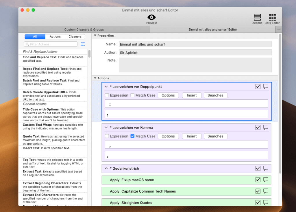 Sehr einfach und effektiv: In TextSoap kann man aus bestehenden Funktionen und eigenen Kreationen eine komplette Reinigungsroutine zusammenstellen, die dann mit einem Klick ausgeführt wird.