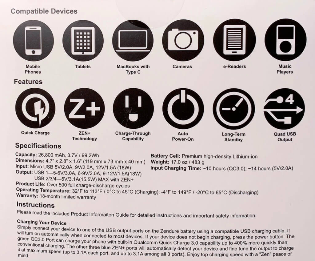 Die technischen Daten der Zendure Powerbank findet man auch auf der Packung.