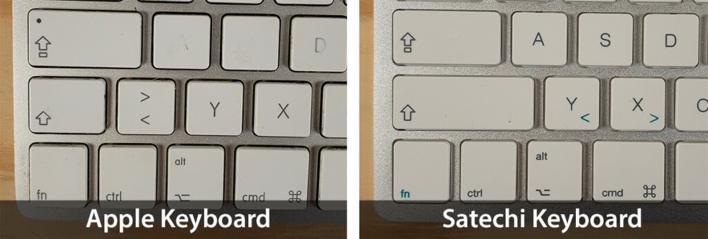 Bei der Apple Tastatur lassen sich spitze Klammern mit einer eigenen Taste eintippen, während die Satechi-Tastatur die spitzen Klammern über die Funktionstaste ausgibt.